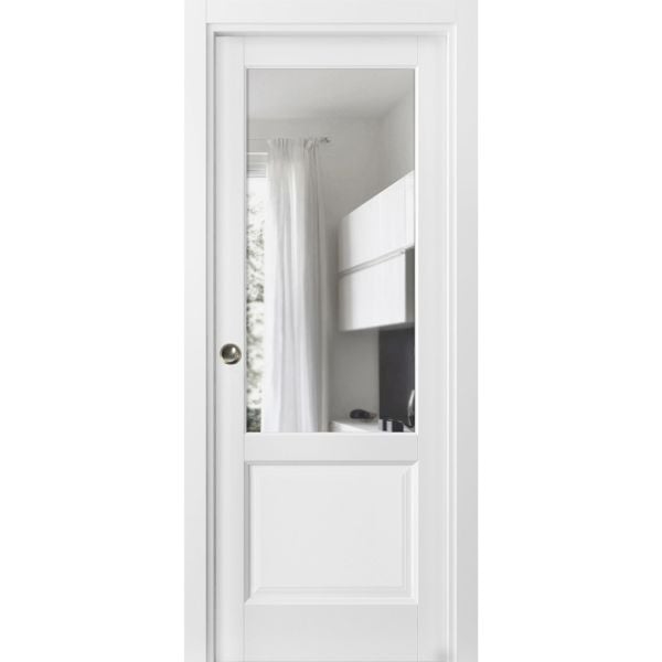 Sliding French Pocket Door with | Lucia 1533 White Silk with Clear Glass | Kit Trims Rail Hardware | Solid Wood Interior Bedroom Sturdy Doors-18" x 80"-Clear Glass