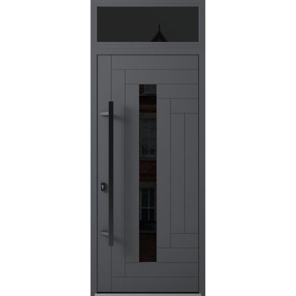 Front Exterior Prehung Steel Door / Ronex 0130 Grey / Transom Window Sidelite / Entry Metal Modern Painted W36" x H80+16" Right hand Inswing