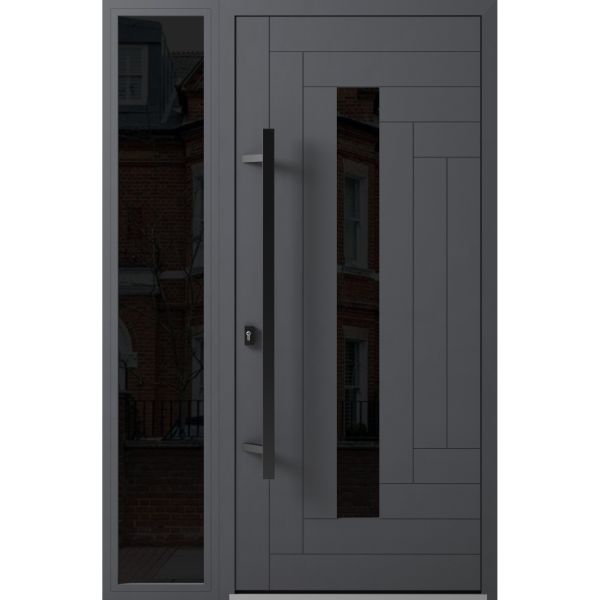 Front Exterior Prehung Steel Door / Ronex 0130 Grey / Sidelight Exterior Window Sidelite / Entry Metal Modern Painted W36+16" x H80" Right hand Inswing