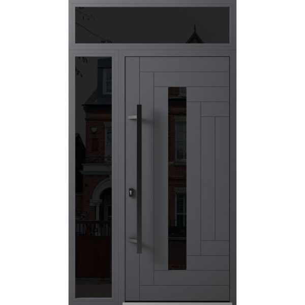 Front Exterior Prehung Steel Door / Ronex 0130 Grey / Sidelight and Transom Window Sidelite / Entry Metal Modern Painted W36+16" x H80+16" Right hand Inswing