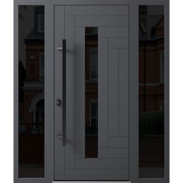 Front Exterior Prehung Steel Door / Ronex 0130 Grey / 2 Sidelight Exterior Windows Sidelites/ Entry Metal Modern Painted W12+36+12" x H80" Right hand Inswing