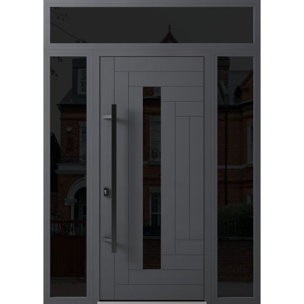 Front Exterior Prehung Steel Door / Ronex 0130 Grey / 2 Sidelight and Transom Window Sidelite / Entry Metal Modern Painted W14+36+14" x H80+16" Right hand Inswing