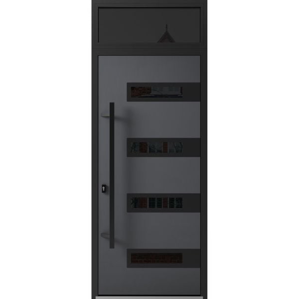 Front Exterior Prehung Steel Door / Ronex 0131 Grey / Transom Window Sidelite / Entry Metal Modern Painted W36" x H80+16" Right hand Inswing