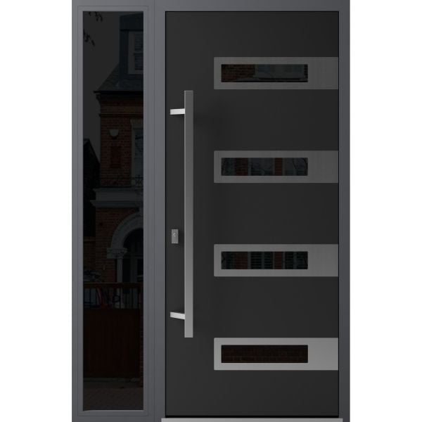 Front Exterior Prehung Steel Door / Ronex 0131 Black Enamel / Sidelight Exterior Window Sidelite / Stainless Inserts Entry Metal Modern Painted W36+16" x H80" Right hand Inswing