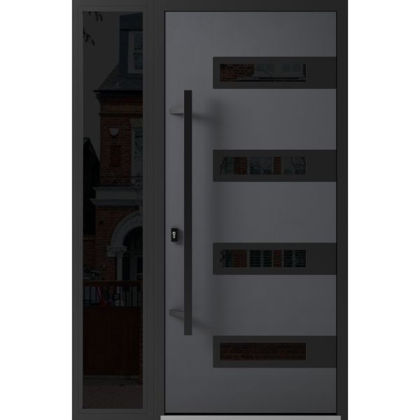 Front Exterior Prehung Steel Door / Ronex 0131 Grey / Sidelight Exterior Window Sidelite / Entry Metal Modern Painted W36+14" x H80" Right hand Inswing