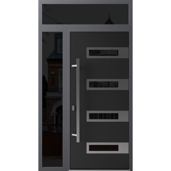 Front Exterior Prehung Steel Door / Ronex 0131 Black Enamel / Sidelight and Transom Window Sidelite / Stainless Inserts Entry Metal Modern Painted W36+14" x H80+16" Right hand Inswing