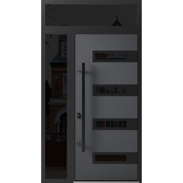 Front Exterior Prehung Steel Door / Ronex 0131 Grey / Sidelight and Transom Window Sidelite / Entry Metal Modern Painted W36+12" x H80+16" Right hand Inswing