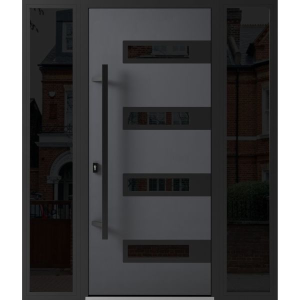 Front Exterior Prehung Steel Door / Ronex 0131 Grey / 2 Sidelight Exterior Windows Sidelites/ Entry Metal Modern Painted W12+36+12" x H80" Right hand Inswing