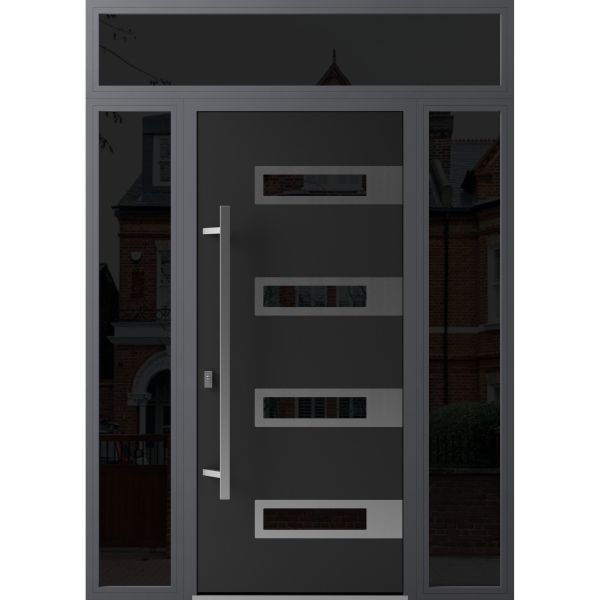 Front Exterior Prehung Steel Door / Ronex 0131 Black Enamel / 2 Sidelight and Transom Window Sidelite / Stainless Inserts Entry Metal Modern Painted W14+36+14" x H80+16" Right hand Inswing