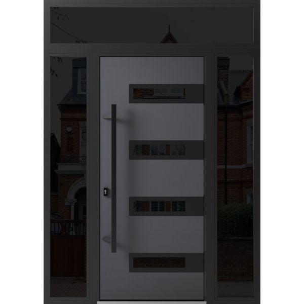 Front Exterior Prehung Steel Door / Ronex 0131 Grey / 2 Sidelight and Transom Window Sidelite / Entry Metal Modern Painted W16+36+16" x H80+16" Right hand Inswing