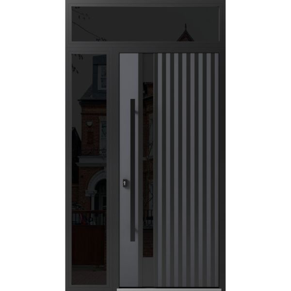 Front Exterior Prehung Steel Door / Ronex 0144 Grey / Sidelight and Transom Window Sidelite / Entry Metal Modern Painted W36+12" x H80+16" Right hand Inswing