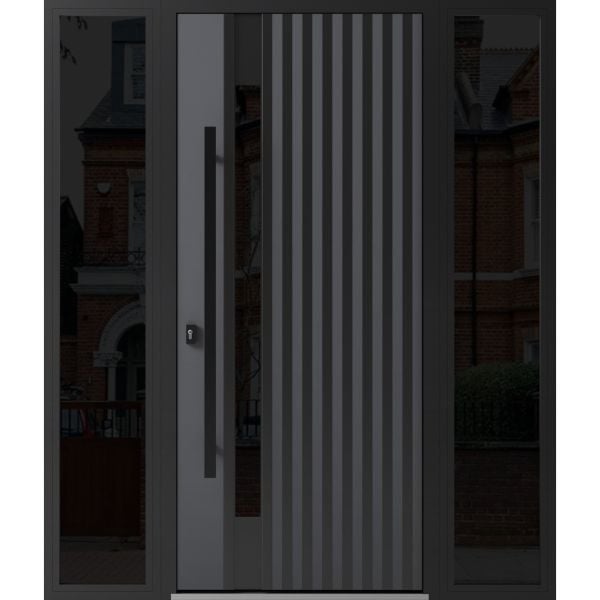 Front Exterior Prehung Steel Door / Ronex 0144 Grey / 2 Sidelight Exterior Windows Sidelites/ Entry Metal Modern Painted W16+36+16" x H80" Right hand Inswing