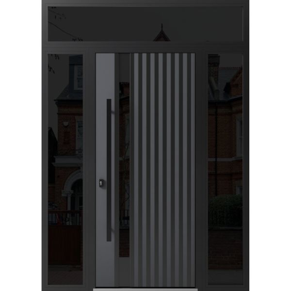 Front Exterior Prehung Steel Door / Ronex 0144 Grey / 2 Sidelight and Transom Window Sidelite / Entry Metal Modern Painted W12+36+12" x H80+16" Right hand Inswing