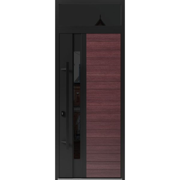 Front Exterior Prehung Steel Door / Ronex 0162 Red Oak / Transom Window Sidelite / Entry Metal Modern Painted W36" x H80+16" Right hand Inswing
