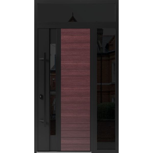 Front Exterior Prehung Steel Door / Ronex 0162 Red Oak / Sidelight and Transom Window Sidelite / Entry Metal Modern Painted W36+12" x H80+16" Right hand Inswing
