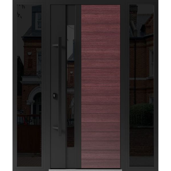 Front Exterior Prehung Steel Door / Ronex 0162 Red Oak / 2 Sidelight Exterior Windows Sidelites/ Entry Metal Modern Painted W16+36+16" x H80" Right hand Inswing