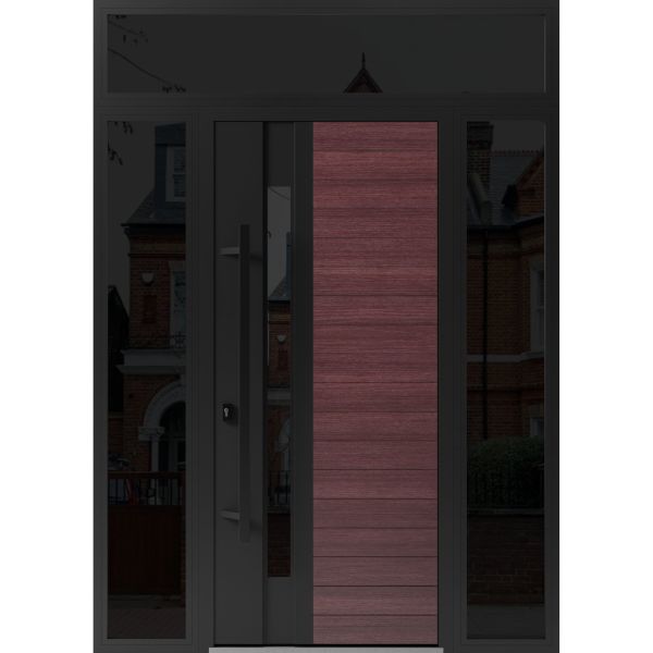 Front Exterior Prehung Steel Door / Ronex 0162 Red Oak / 2 Sidelight and Transom Window Sidelite / Entry Metal Modern Painted W14+36+14" x H80+16" Right hand Inswing