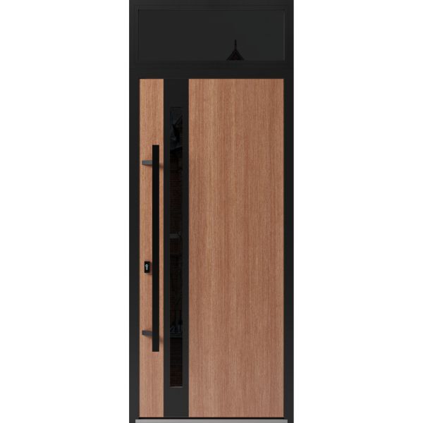 Front Exterior Prehung Steel Door / Ronex 1033 Teak / Transom Window Sidelite / Entry Metal Modern Painted W36" x H80+16" Right hand Inswing