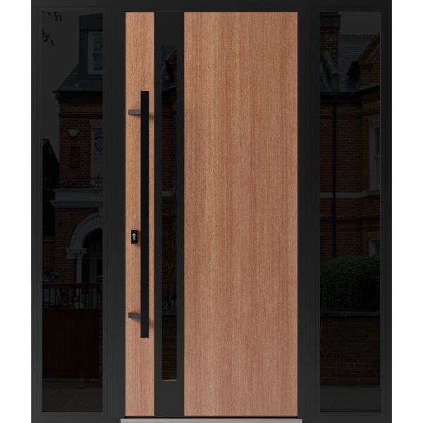 Front Exterior Prehung Steel Door / Ronex 1033 Teak / 2 Sidelight Exterior Windows Sidelites/ Entry Metal Modern Painted W12+36+12" x H80" Right hand Inswing