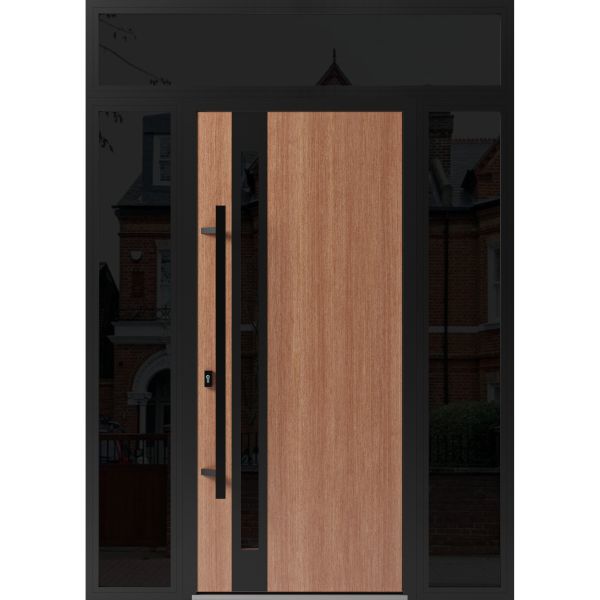 Front Exterior Prehung Steel Door / Ronex 1033 Teak / 2 Sidelight and Transom Window Sidelite / Entry Metal Modern Painted W12+36+12" x H80+16" Right hand Inswing
