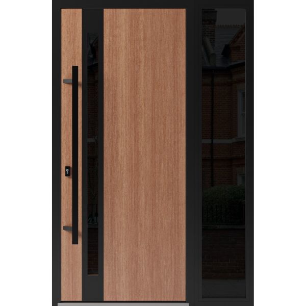 Front Exterior Prehung Steel Door / Ronex 1033 Teak / Sidelight Exterior Window Sidelite / Entry Metal Modern Painted W36+14" x H80" Right hand Inswing