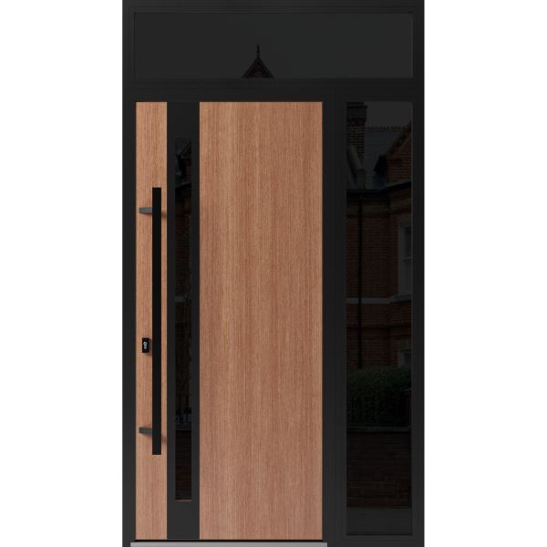 Front Exterior Prehung Steel Door / Ronex 1033 Teak / Sidelight and Transom Window Sidelite / Entry Metal Modern Painted W36+12" x H80+16" Right hand Inswing