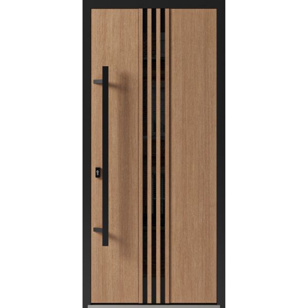 Front Exterior Prehung Steel Door / Ronex 1055 Teak / Entry Metal Modern Painted W36" x H80" Right hand Inswing