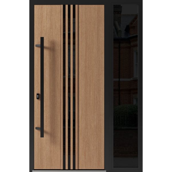 Front Exterior Prehung Steel Door / Ronex 1055 Teak / Sidelight Exterior Window Sidelite / Entry Metal Modern Painted W36+12" x H80" Right hand Inswing