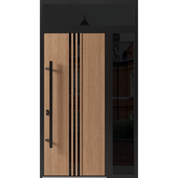 Front Exterior Prehung Steel Door / Ronex 1055 Teak / Sidelight and Transom Window Sidelite / Entry Metal Modern Painted W36+16" x H80+16" Right hand Inswing