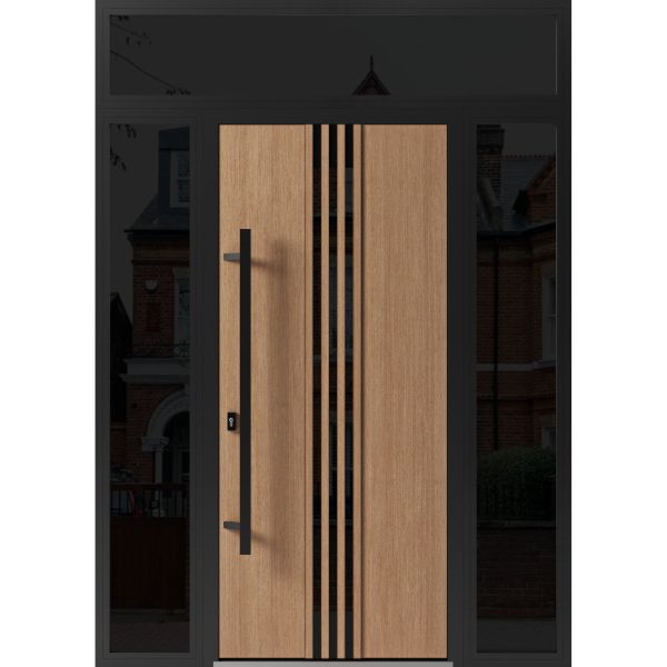 Front Exterior Prehung Steel Door / Ronex 1055 Teak / 2 Sidelight and Transom Window Sidelite / Entry Metal Modern Painted W14+36+14" x H80+16" Right hand Inswing