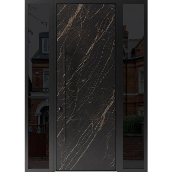 Front Exterior Prehung Steel Door / Dekton 0118 Natural Noir 96”/ 2 Side Exterior Windows Sidelites/ Entry Metal Modern Painted W12+36+12" x H96" Right hand Inswing