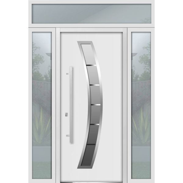 Front Exterior Prehung Steel Door / Deux 6500 White / 2 Side and Top Exterior Window / Stainless Inserts Single Modern Painted-W12+36+12" x H80+16"-Right-hand Inswing