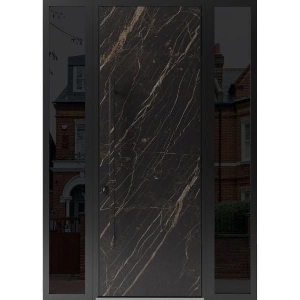 Front Exterior Prehung Steel Door / Dekton 0118 Natural Noir 96”/ 2 Side Exterior Windows Sidelites/ Entry Metal Modern Painted W14+36+14" x H96" Right hand Inswing