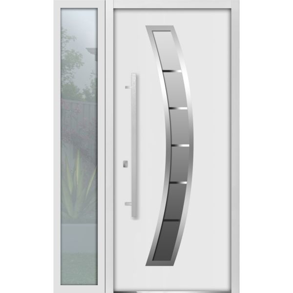 Front Exterior Prehung Steel Door / Deux 6500 White / Side Exterior Window /  Stainless Inserts Single Modern Painted-W36+12" x H80"-Right-hand Inswing