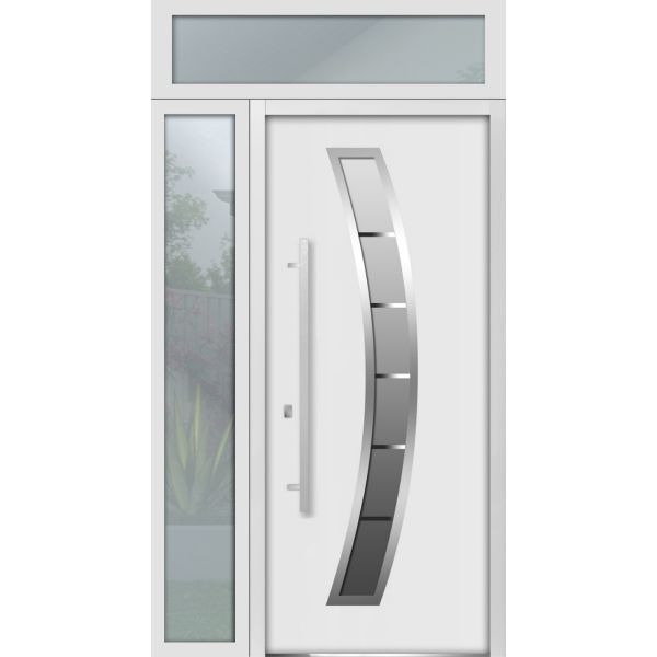 Front Exterior Prehung Steel Door / Deux 6500 White / Side and Top Exterior Window / Stainless Inserts Single Modern Painted-W36+12" x H80+16"-Right-hand Inswing