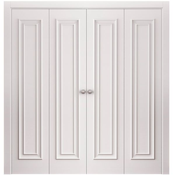 Sliding Closet Double Bi-fold Doors 72 x 80 inches | ROYAL 9811 White Enamel | Sturdy Tracks Moldings Trims Hardware Set | Wood Solid Bedroom Wardrobe Doors