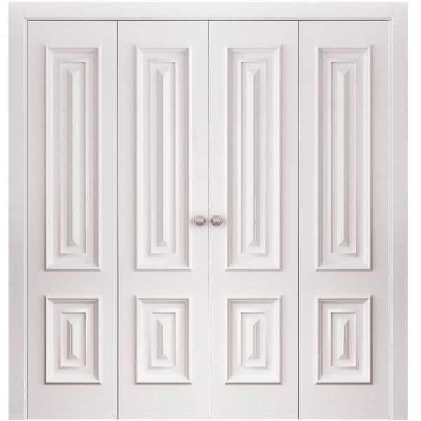 Sliding Closet Double Bi-fold Doors 72 x 80 inches | ROYAL 9822 White Enamel | Sturdy Tracks Moldings Trims Hardware Set | Wood Solid Bedroom Wardrobe Doors