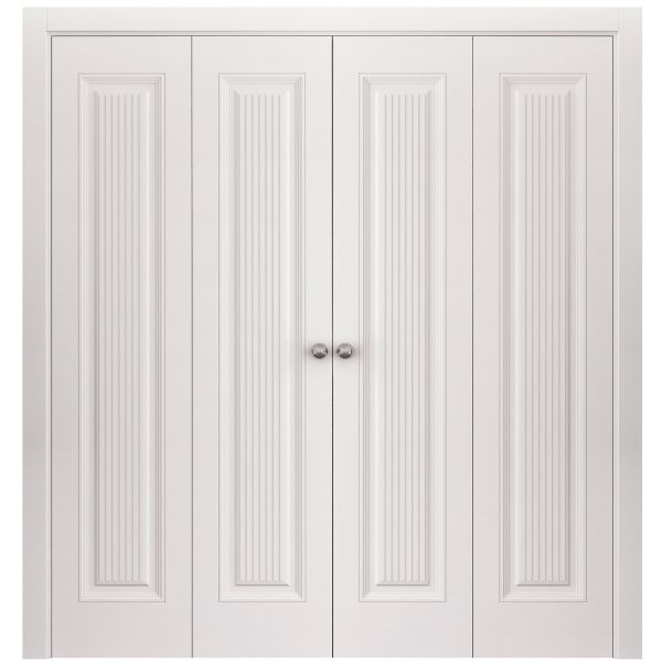 Sliding Closet Double Bi-fold Doors 72 x 80 inches | ROYAL 9888 White Enamel | Sturdy Tracks Moldings Trims Hardware Set | Wood Solid Bedroom Wardrobe Doors
