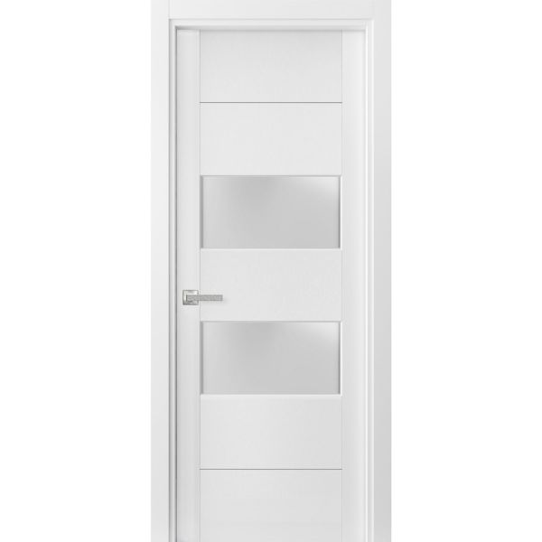 Solid French Door Frosted Glass 2 lites | Lucia 4010 White Silk | Single Regular Panel Frame Trims Handle | Bathroom Bedroom Sturdy Doors 