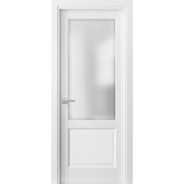 Pantry Kitchen Lite Door with Hardware | Lucia 22 White Silk with Frosted Opaque Glass | Single Panel Frame Trims | Bathroom Bedroom Sturdy Doors-18" x 80"-Butterfly-Frosted Glass