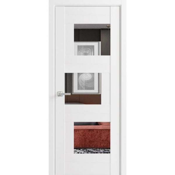 Solid French Door / Sete 6999 White Silk with Mirror / Single Regular Panel Frame Handle / Bathroom Bedroom Modern Doors-18" x 80" 