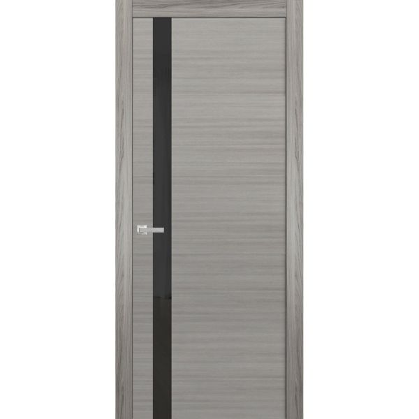 Solid Interior French | Planum 0040 Grey Ash with Black Glass| Single Regular Panel Frame Trims Handle | Bathroom Bedroom Sturdy Doors 