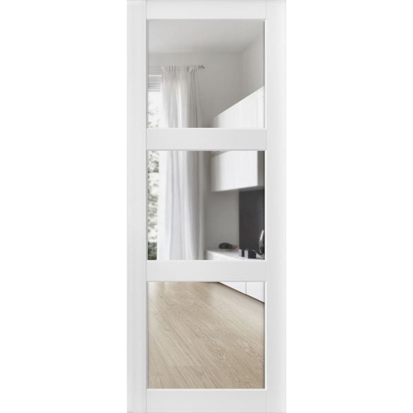 Slab Barn Door Panel Clear Glass 3 Lites | Lucia 2555 White Silk | Sturdy Finished Doors | Pocket Closet Sliding