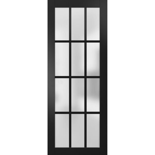 Slab Barn Door Panel Frosted Glass 12 Lites | Felicia 3312 Matte Black | Sturdy Finished Doors | Pocket Closet Sliding -18" x 80"
