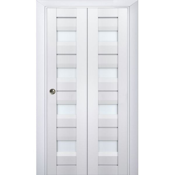 Sliding Closet Bi-fold Doors | Veregio 7455 White Silk with Frosted Glass | Sturdy Tracks Moldings Trims Hardware Set | Wood Solid Bedroom Wardrobe Doors 