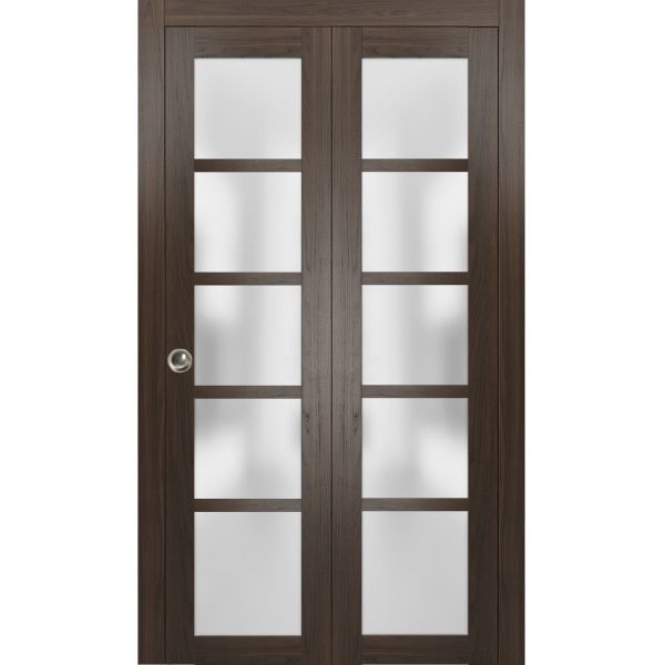 Sliding Closet Bi-fold Doors | Quadro 4002 Chocolate Ash with Frosted Glass | Sturdy Tracks Moldings Trims Hardware Set | Wood Solid Bedroom Wardrobe Doors 