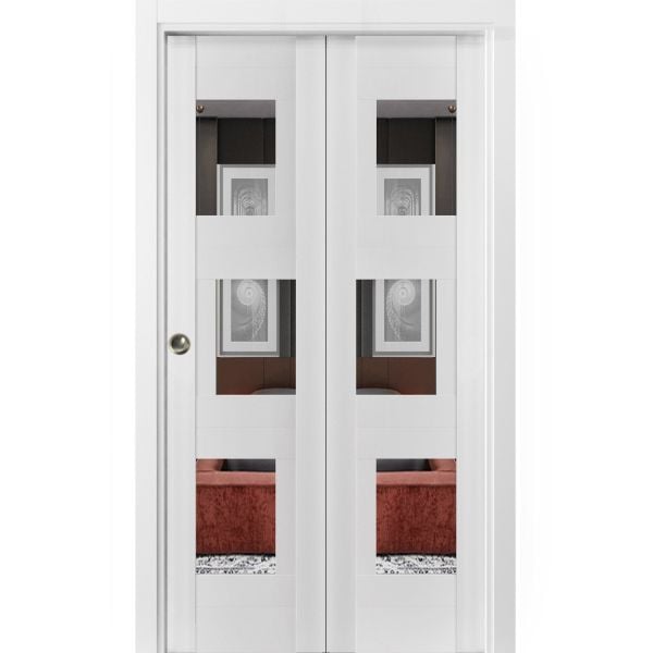 Sliding Closet Bi-fold Doors | Sete 6999 White Silk with Mirror | Sturdy Tracks Moldings Trims Hardware Set | Wood Solid Bedroom Wardrobe Doors 