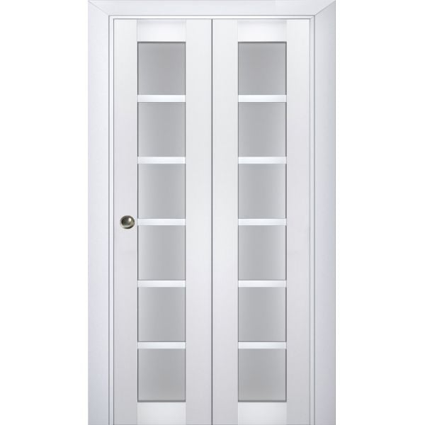 Sliding Closet Bi-fold Doors | Veregio 7602 White Silk with Frosted Glass | Sturdy Tracks Moldings Trims Hardware Set | Wood Solid Bedroom Wardrobe Doors 