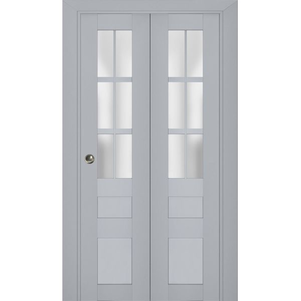 Sliding Closet Bi-fold Doors | Veregio 7339 Matte Grey with Frosted Glass | Sturdy Tracks Moldings Trims Hardware Set | Wood Solid Bedroom Wardrobe Doors 