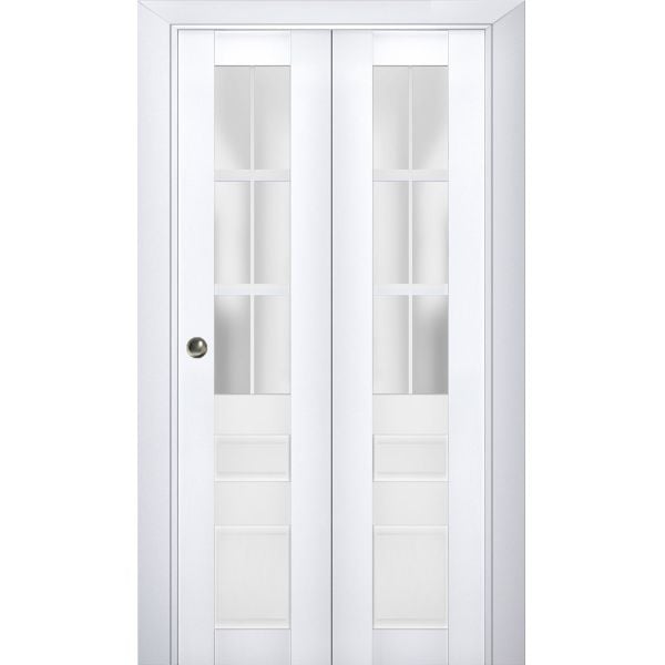 Sliding Closet Bi-fold Doors | Veregio 7339 White Silk with Frosted Glass | Sturdy Tracks Moldings Trims Hardware Set | Wood Solid Bedroom Wardrobe Doors 